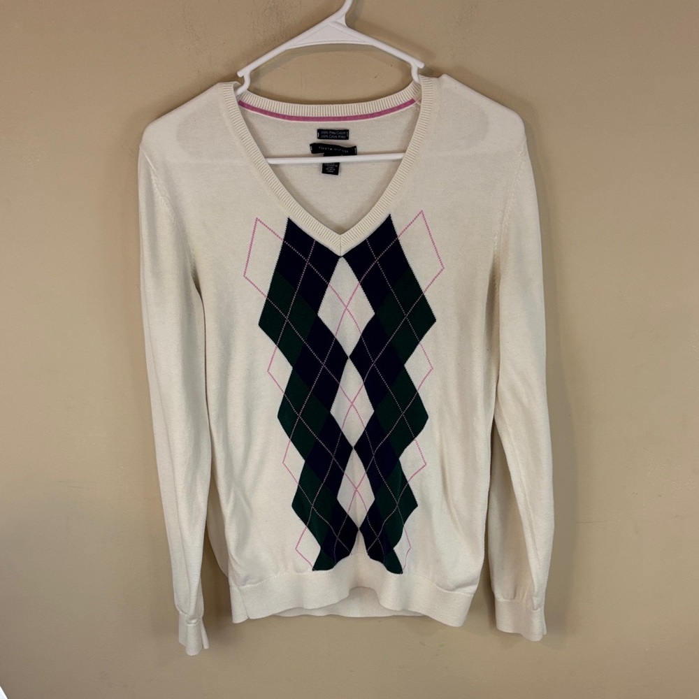 Tommy Hilfiger Argyle V-neck  100% Pima Cotton Lightweight Sweater Large